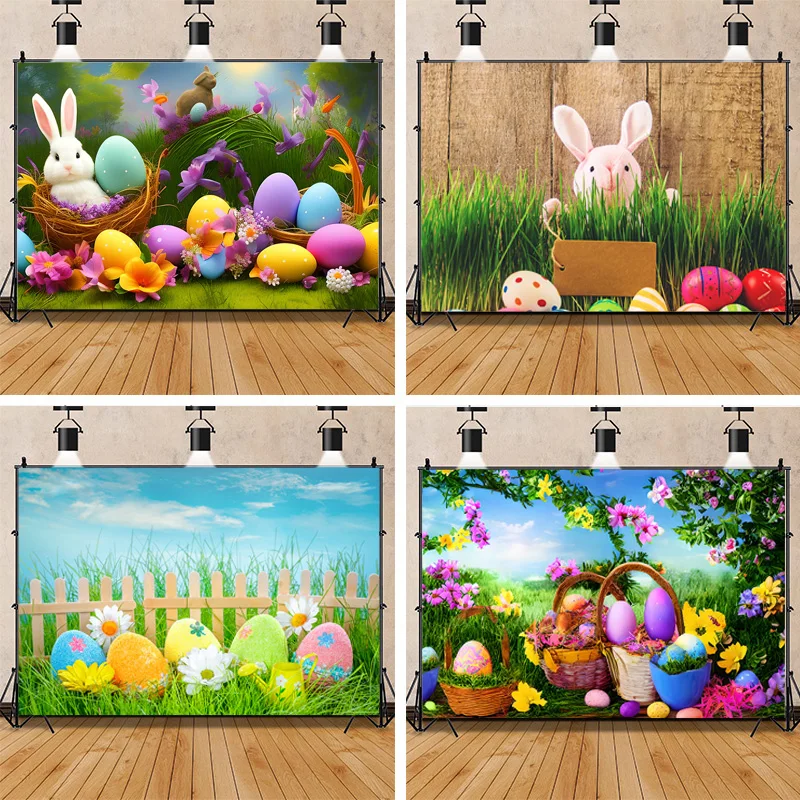 

SHUOZHIKE Colorful Easter Scene Background Spring Eggs And The Cute Rabbits On The Grass Photography Backdrops Props FE-02