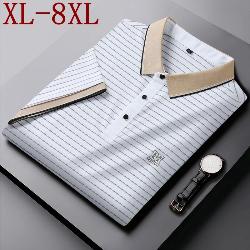 

8XL 7XL 6XL 2024 New Summer Top Grade Luxury Striped Polo Shirt Men Short Sleeve Lapel Mens Polos Shirts Business Loose Tshirt