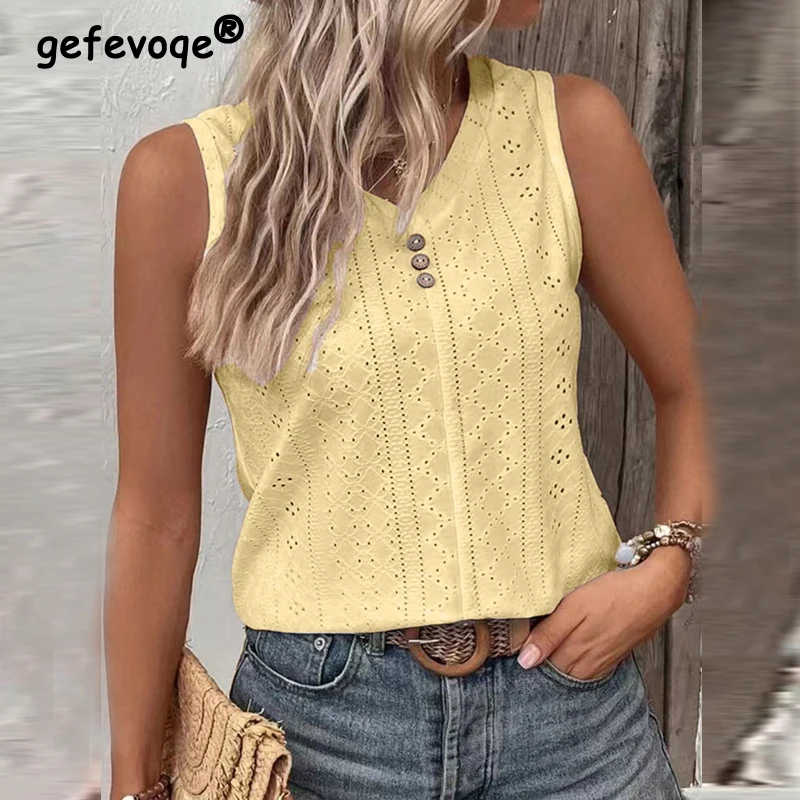 Women's Clothing 2023 Summer Fashion Hollow Solid Sleeveless T-shirts Y2K Casual V Neck Loose Tunic Tank Tops Loose Button Vest
Women's Clothing 2023 Summer Fashion Hollow Solid Sleeveless T-shirts Y2K Casual V Neck Loose Tunic Tank Tops Loose Button Vest