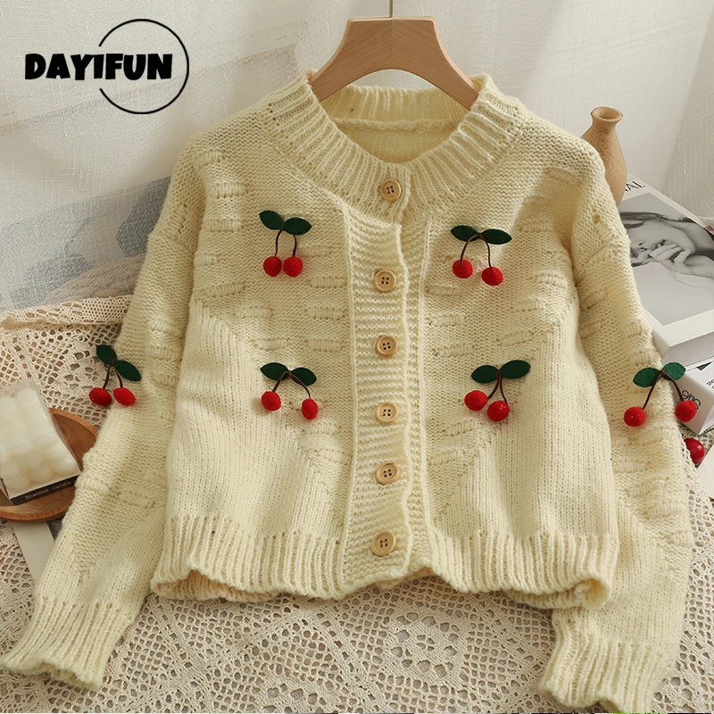 

DAYIFUN Kawaii Knit Cardigans Female 3D Embroidery Cherry Long Sleeve Single-breasted Sweater Coats Women Autumn Loose Knitwear