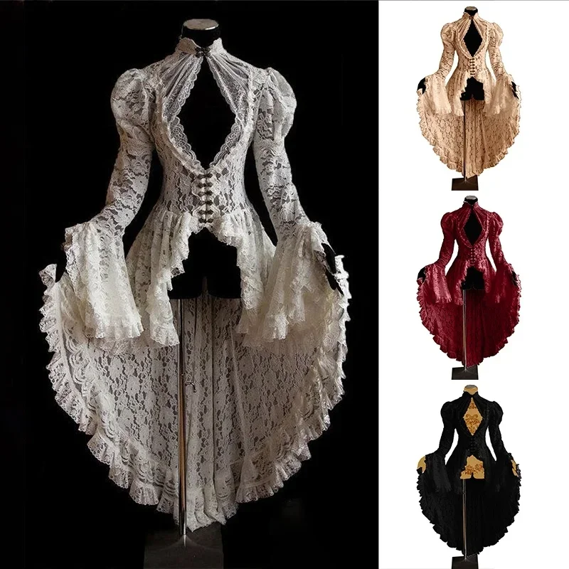 

Women S-5XL Cosplay Dress Gothic Style Asymmetrical Dress Halloween Retro Vintage Solid Lace Medieval Cardigan Cosplay