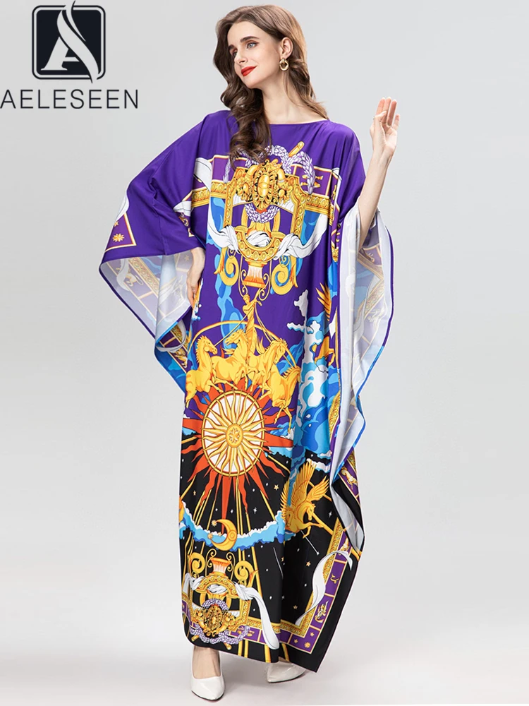 

AELESEEN Vintage Loose Dress Women Autumn New Batwing Sleeve Blue Yellow Flower Print Casual Ethnic Retro Maxi Party Holiday