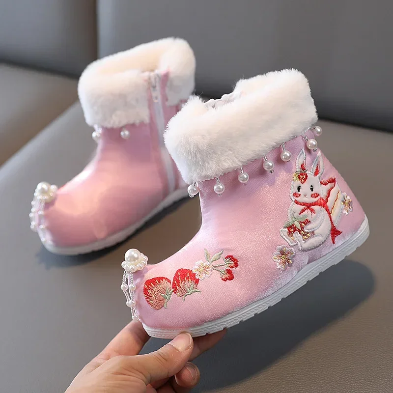 

Новинка 2023, ботинки для девочек, Прямая поставка, милые ботинки для принцесс с вышивкой жемчужинами и кроликом, детские модные ботинки на платформе из искусственной кожи с боковой молнией