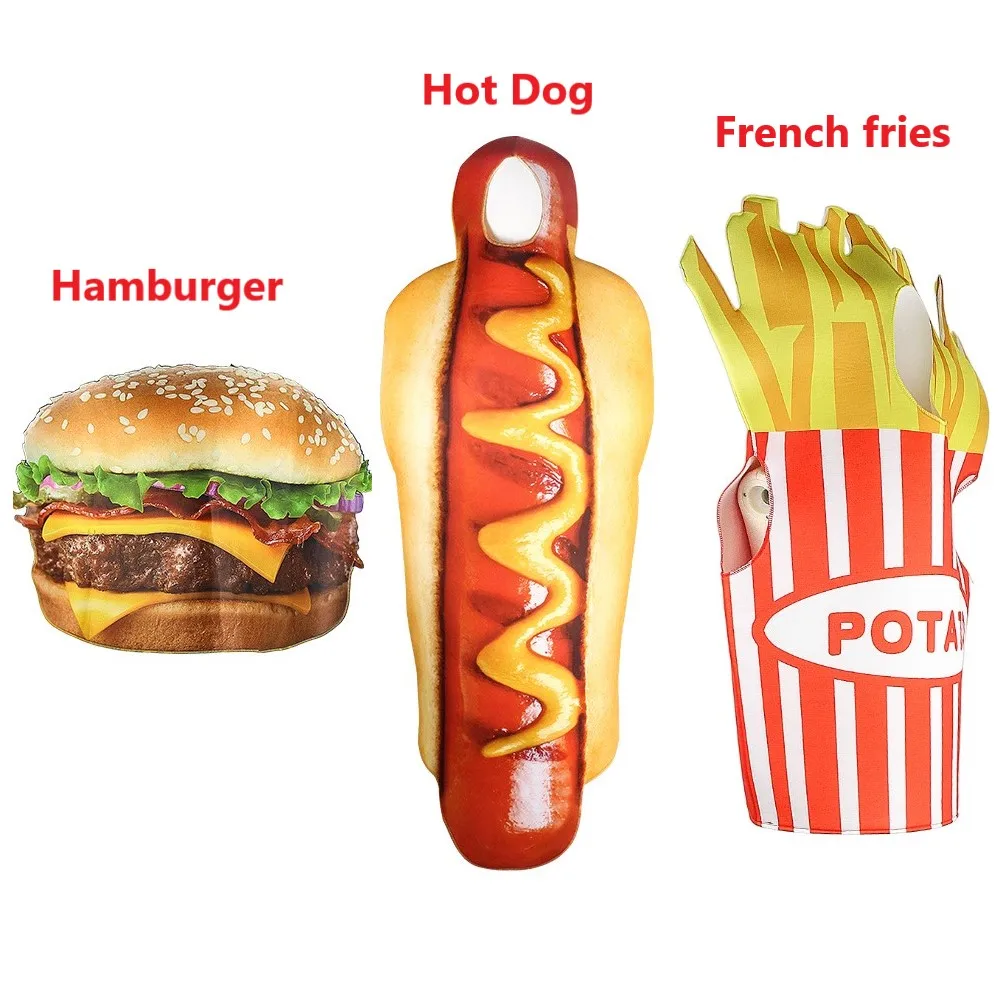

Adult 3D Print Hamburger French Fries Sausage Hot Dog Costume Cosplay Halloween Men Women Family One-Piece Food Funny Costume