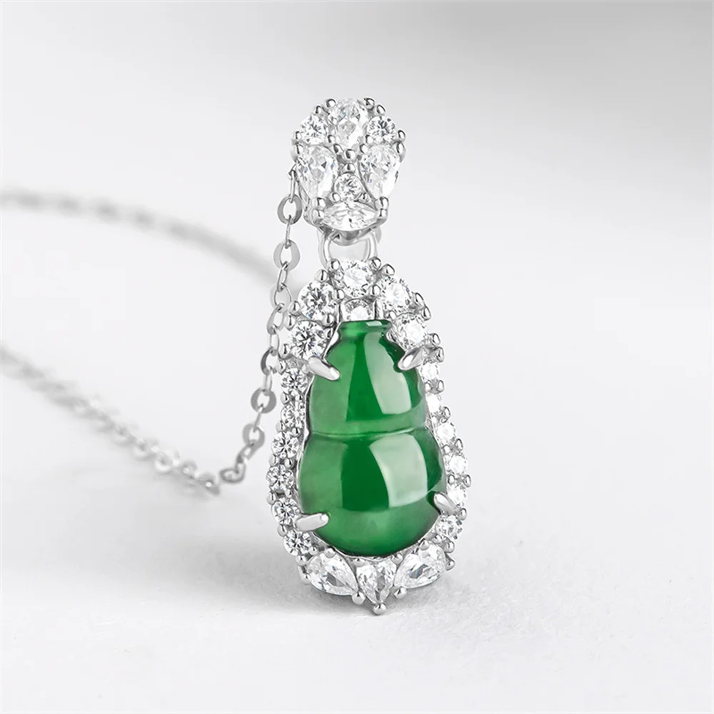 

925 Silver Natural Green Jadeite Carved Gem Cucurbit Lucky Pendant Amulet S925 Necklace Certificate Luxury Jade Vintage Jewelry