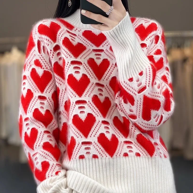 

Half Height Round Neck Love Jacquard Color Blocking Cashmere Sweater for Women's New Korean Style Loose Sweater Knitted Sweater