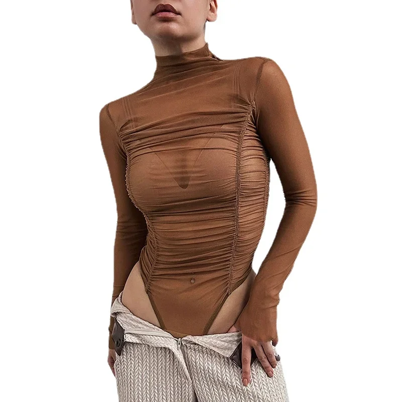 

Autumn Mesh Basic Top 2023 Women Turtleneck Long Sleeve Ruched Open Crotch Slim Playsuits Fashion Sheer Sexy Bodysuits