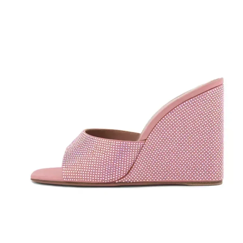 

Lupita 95 silk-satin wedge mules crystals Square toe wedge heel women luxury brand designer high heel party shoes for ladies