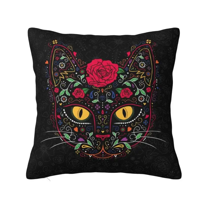 

Day Of The Dead Kitten Cat Sugar Skull Pillow Case Bedroom Decoration Modern Mexican Halloween Floral Chair Cushion Pillowcase