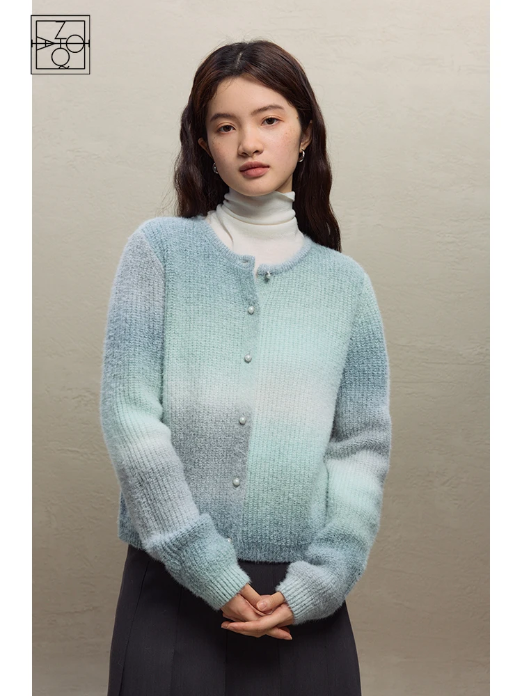 

ZIQIAO Gentle Wind Gradient Color Sweater Knitted Cardigan Jacket for Women Winter Niche Design Soft Waxy Top Cardigan Female
