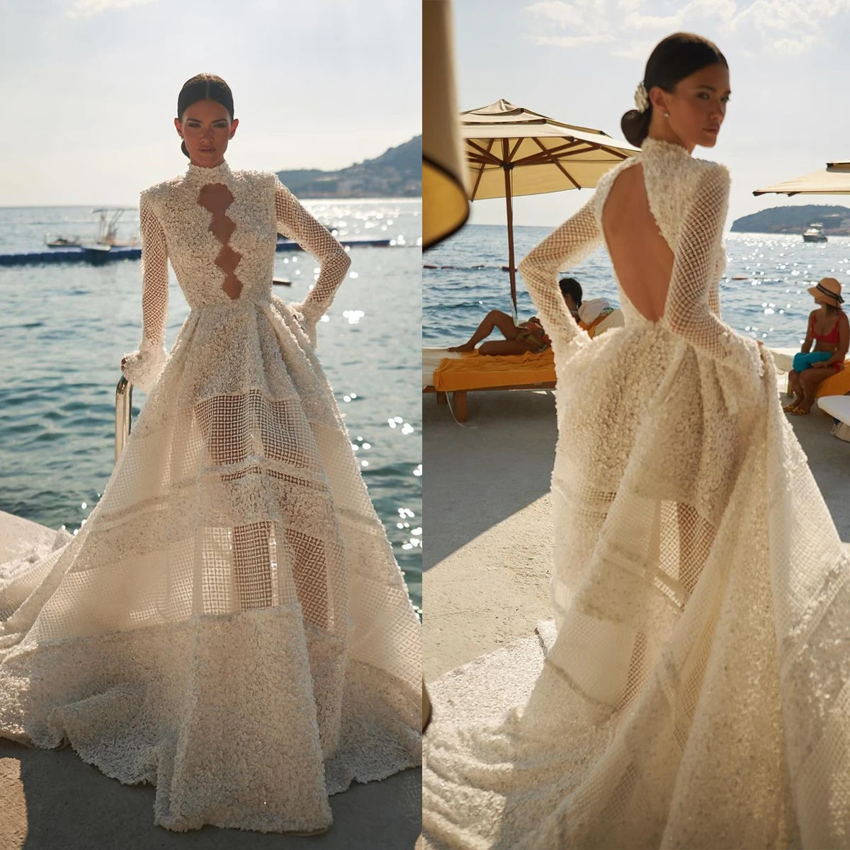 Elegant A-Line Wedding Dresses High Collar Long Sleeves Appliques Lace Bridal Gowns Custom Made Sweep Train Robes De Mariée
Elegant A-Line Wedding Dresses High Collar Long Sleeves Appliques Lace Bridal Gowns Custom Made Sweep Train Robes De Mariée
