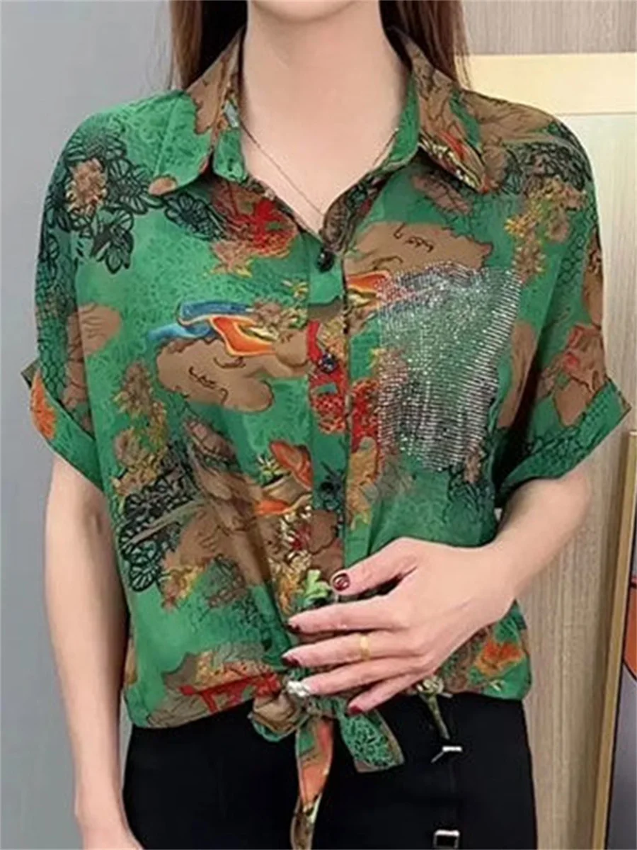 

6XL Women Spring Summer Blouses Shirts Lady Fashion Casual Short Sleeve Turn-down Collar Flower Printing Blusas Tops TT2306