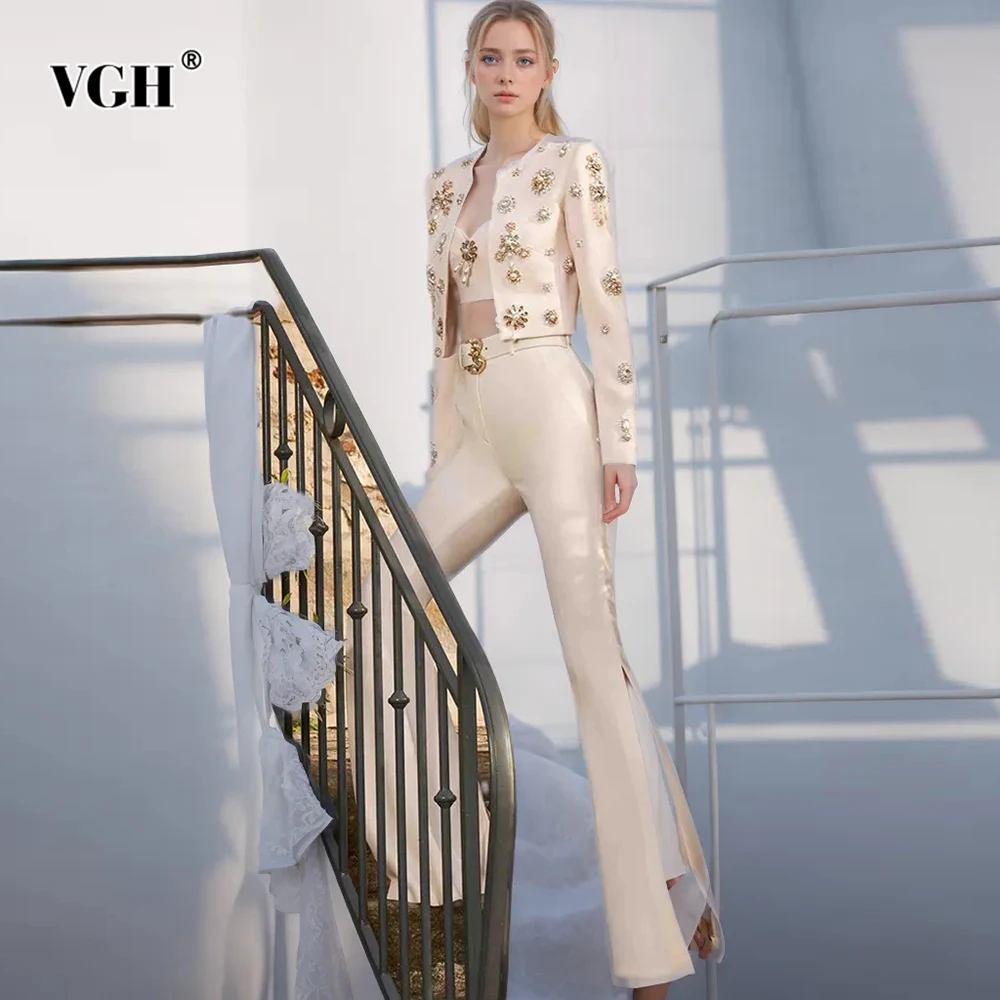 

VGH Solid Two Piece Sets For Women Round Neck Long Sleeve Spliced Diamonds Coats High Waist Flare Pants Slimming Set Female New