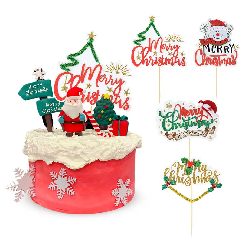 

4pcs Merry Christmas Cake Toppers Cartoon Christmas Tree Snowman Cupcake Decorating New Year Party Paper Cake Toppers Decoration
