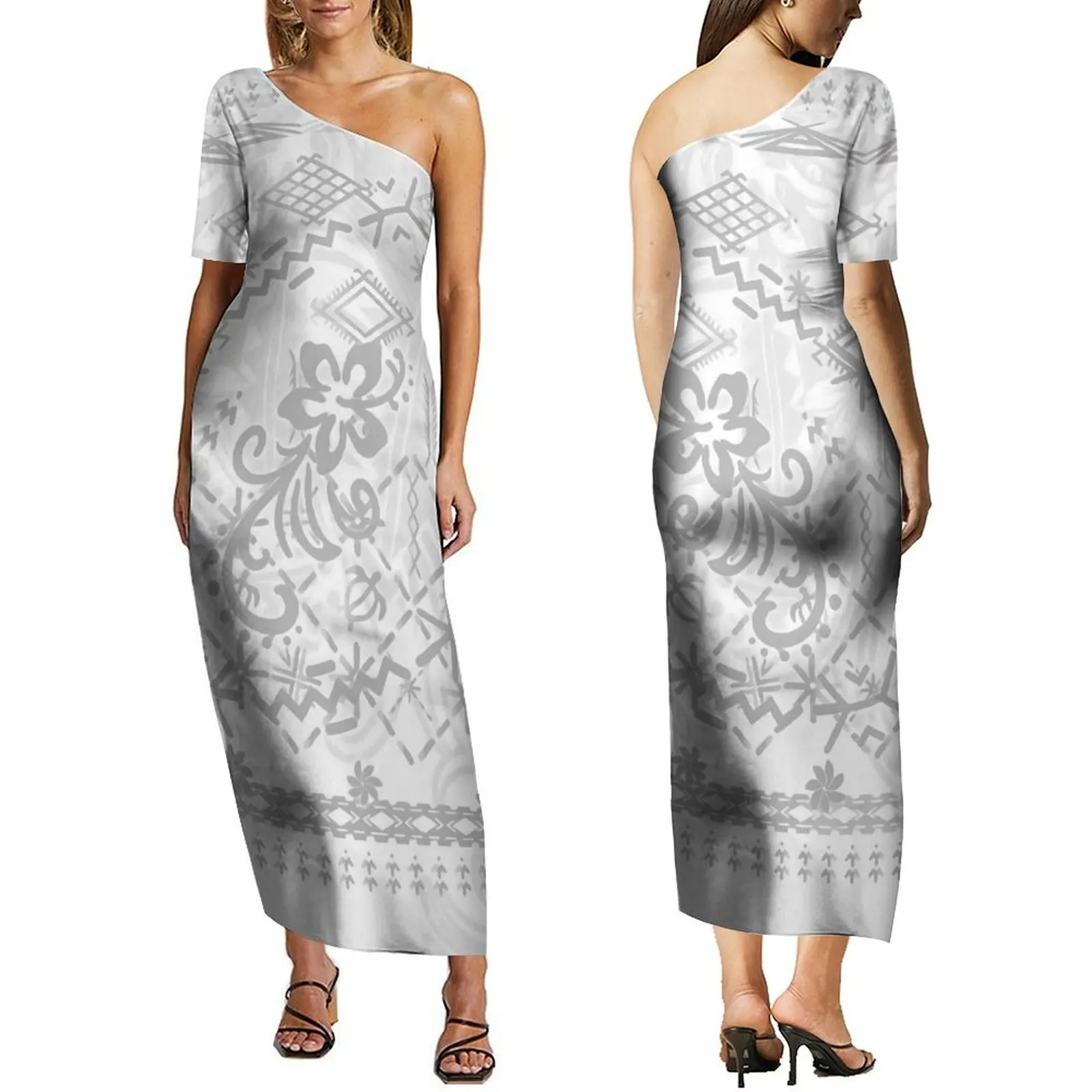 

2024 Summer Mother'S Day Gift Polynesian Tribal Pattern Hawaiian Off-The-Shoulder Dress Samoa Short Sleeve White Floral Dress