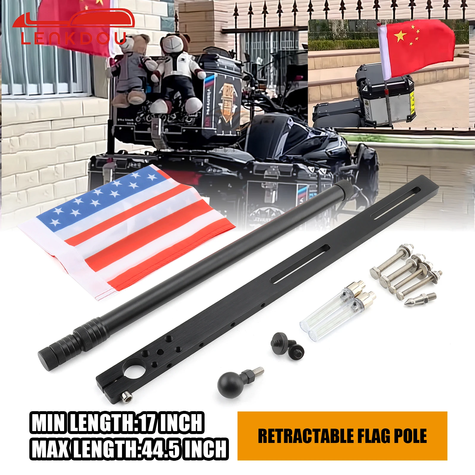 

Universal Motorcycle Auto Retractable America Flagpole Rear Seat Luggage Rack Mount Flag Pole Kit Silver Black Titanium-Red