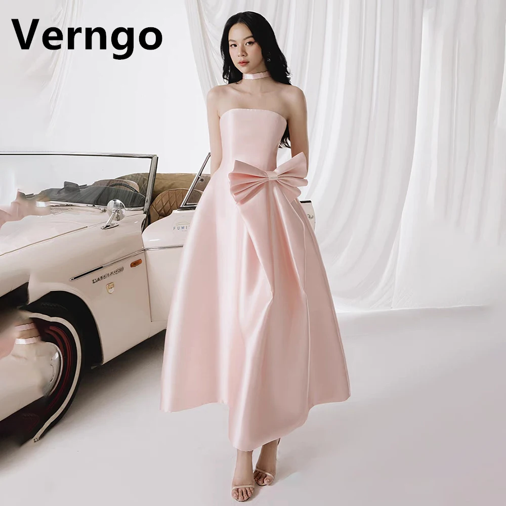 

Verngo Blush Pink Evening Dress Strapless Sleeveless Formal Dress For Women Bow Satin Long Party Dress Korea Pleat Prom Gowns