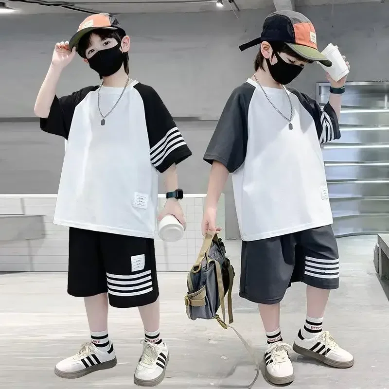 

Summer Casual Boys Cotton Contrast Striped t-Shirt Tops Short Pant Sets School Kids Tracksuit Child 2PCS Jogging Outfit 5-16 Yrs