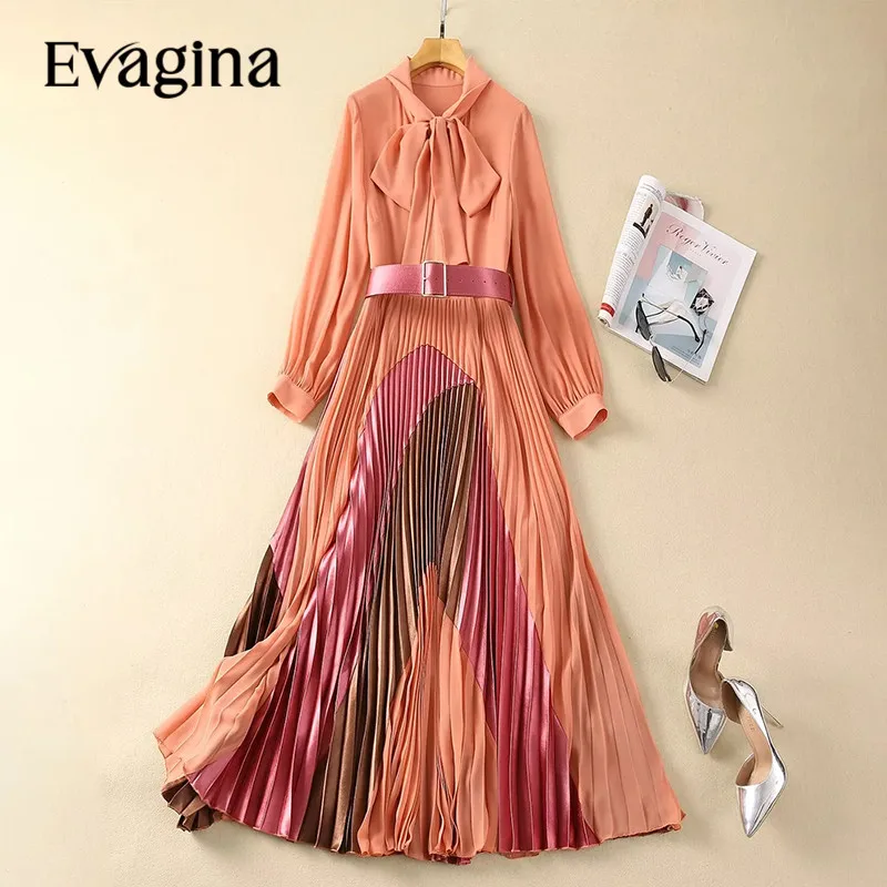 

Evagina New Fashion Runway Designer Women's Elegant Standing Collar Bow Long Sleeve High Waist Shirt Belt Pleated Dress