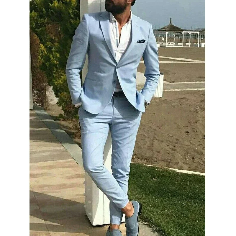 

2024 Sky Blue Notch Lapel Elegant Suits For Men Casual Slim Fit Blazers Hombre High Quality Custom 2 Piece Set Costume Homme