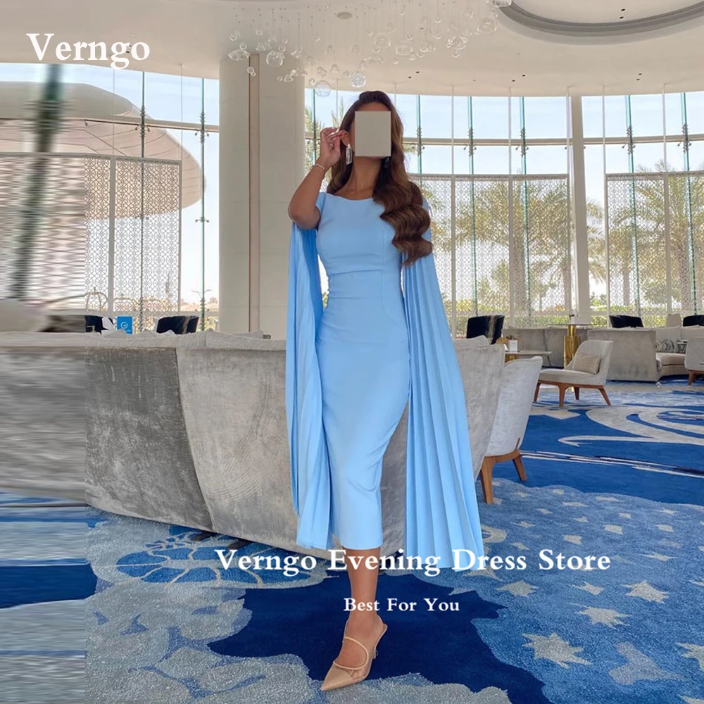 Verngo Simple Light Blue Saudi Arabic Women Formal Party Dresses Long Cape Sleeves Pleats Tea Length Evening Prom Gowns
Verngo Simple Light Blue Saudi Arabic Women Formal Party Dresses Long Cape Sleeves Pleats Tea Length Evening Prom Gowns