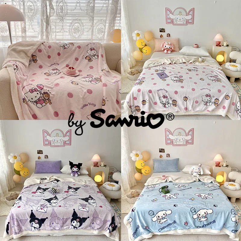 

New Sanrio Hello Kitty Stuff Kuromi Cinnamoroll Plush Lamb Velvet Blanket Anime Kawaii Cute Cartoon Winter Warm Nap Towels Quilt