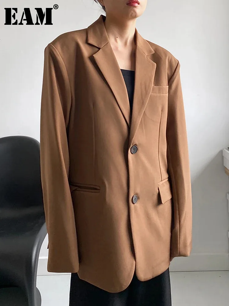 

[EAM] Women Brown Side Slit Big Size Blazer New Lapel Long Sleeve Loose Fit Jacket Fashion Tide Spring Autumn 2024 1DH1144