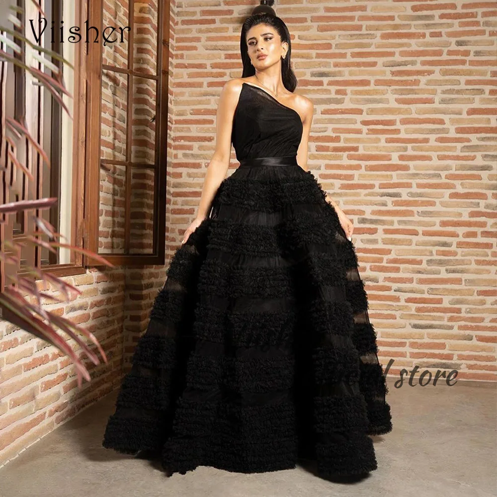 

Viisher Black Tulle A Line Evening Dresses Strapless Floor Length Arabic Dubai Prom Party Dress Long Celebrate Event Gowns