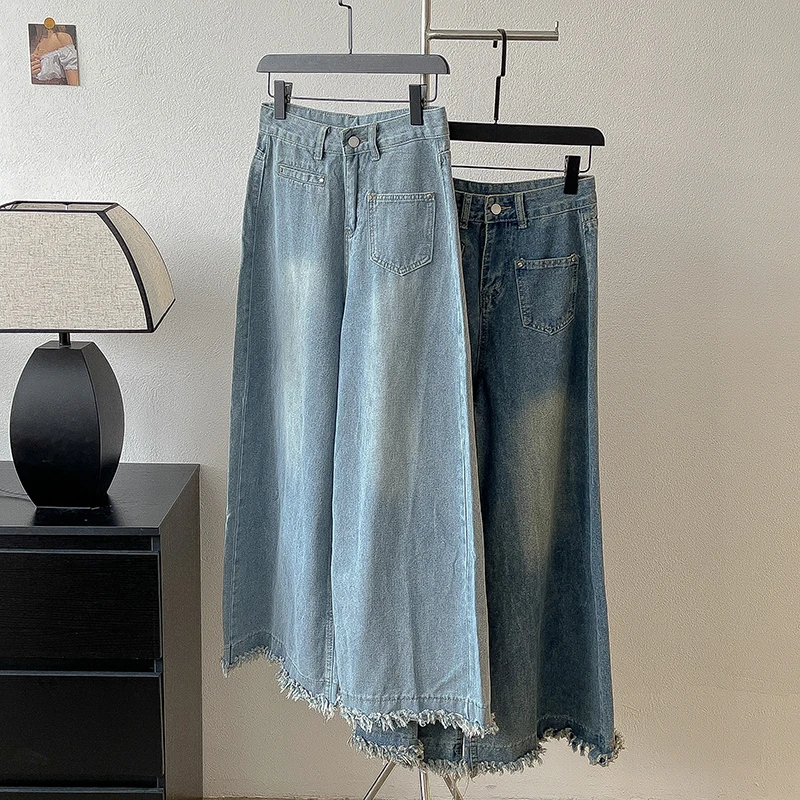 

Vintage Women Blue Denim Pants High Waist Solid Wide Leg Jeans Frayed Hem Loose Summer Thin Jeans Female Versatile Commute Wear