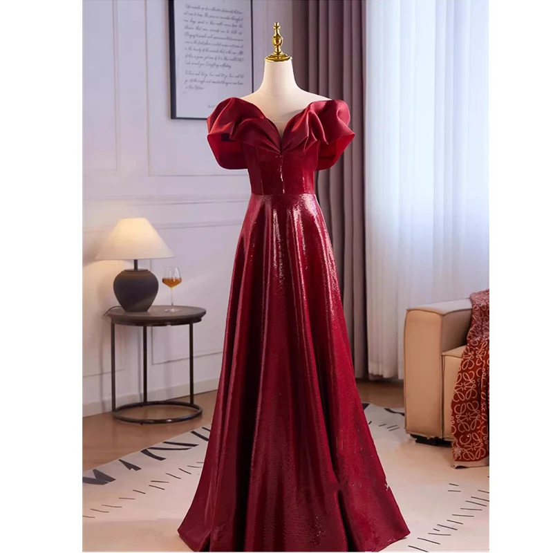 

Bespok Occastion Dress Burgundy Sequins Off the Shoulder Pleat Short Sleeves Lace up A-line Floor Length Plus size Evening Gown