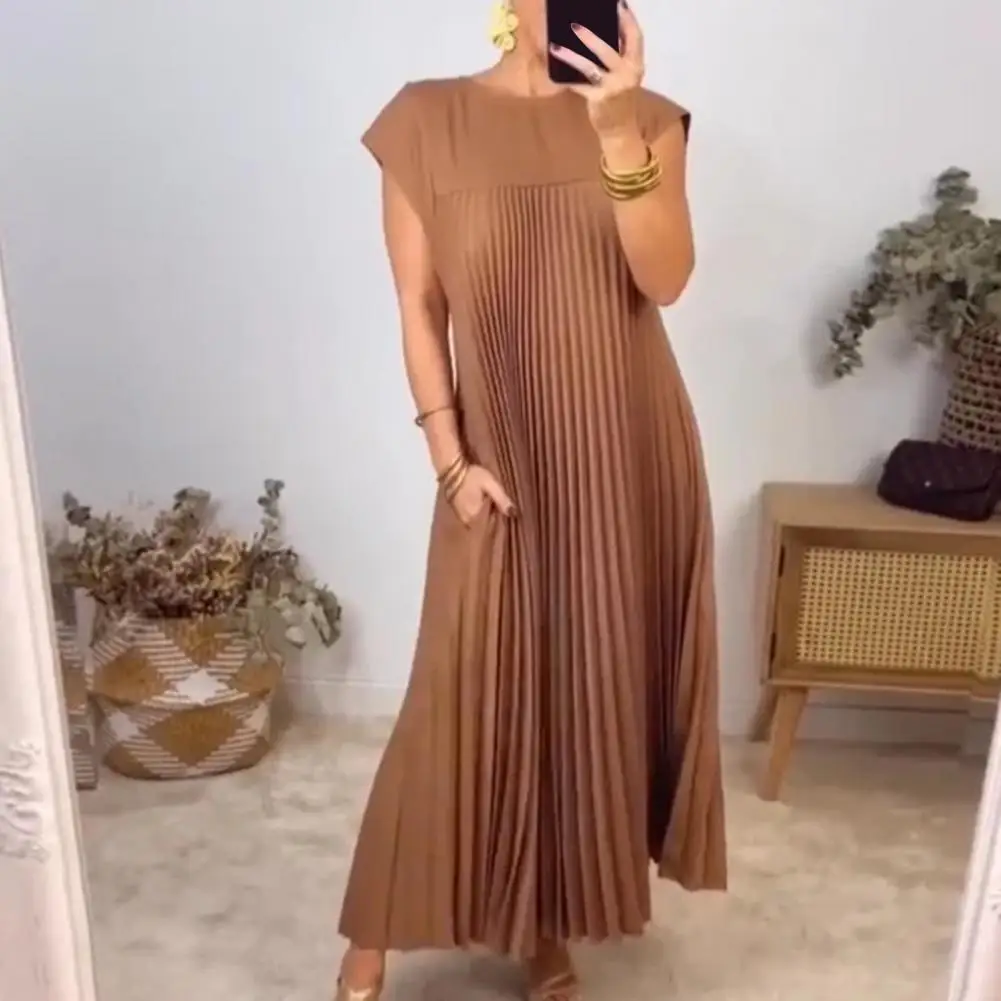 

Women Dress Pleated Sleeveless Round Neck Loose Breathable Soft A-line Casual Summer Vacation Beach Maxi Dress vestido