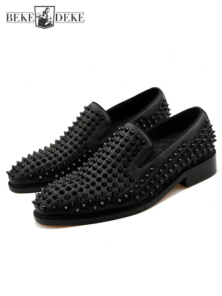 

Spring Men Fashion Rivets Studded Wedding Party Dress Shoes Slip On Loafers Square Toe Med Heels Cowhide Genuine Leather Shoes