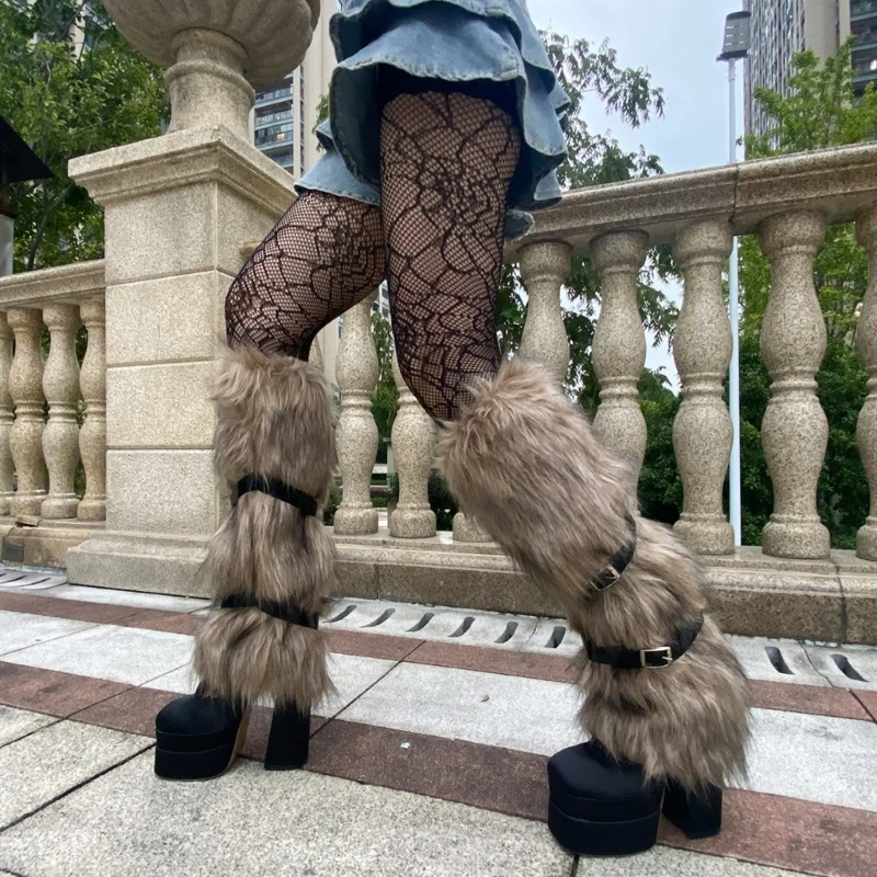 

634C Furry Leg Warmers Y2K Boot Cuffs Cover Mesh Stockings Costume Girl Cosplay Wrist Gloves Japanese Y2K Lace Stockings