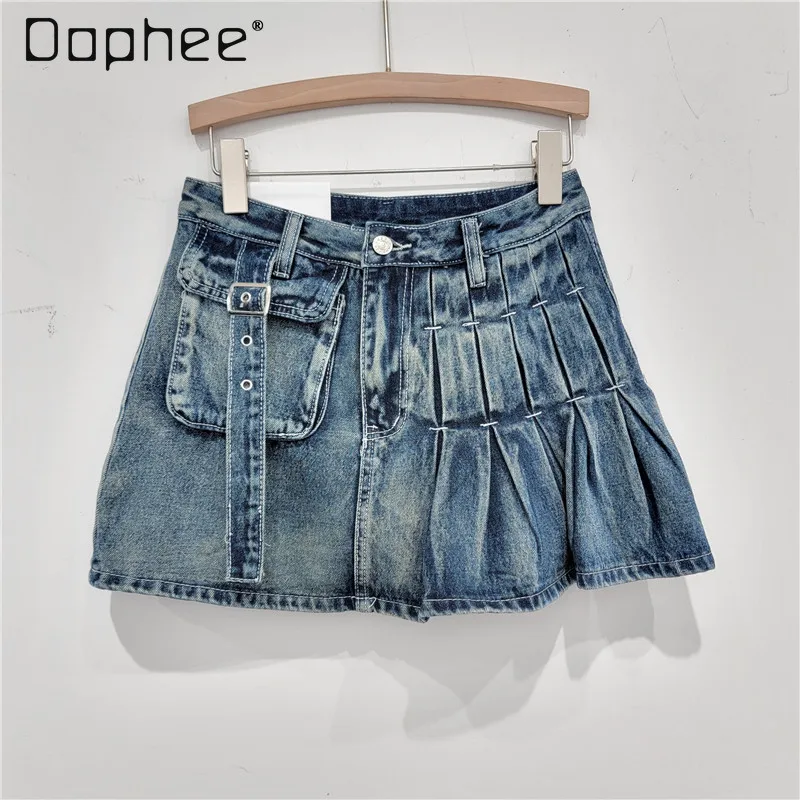 

Irregular Large Pocket Pleated Jean Skirt Female 2024 Spring and Summer High Waist Work Clothes A- Line Hip-Wrapped Denim Skirts