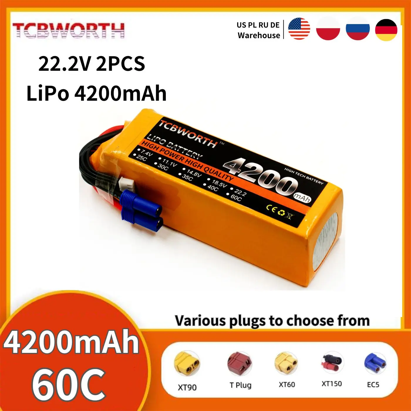 

TCBWORTH 4200mAh 60C LiPo Battery 6S 22.2V For RC Car Boats Drones Airplane Helicopters Toys Robot XT60 EC5 Upgrade RC Batteries