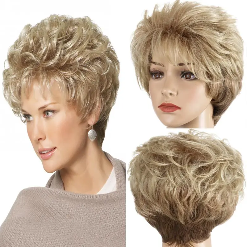 

Short Curly Blonde Synthetic Wigs with Bangs Pixie Cut Ombre Hairstyle Mommy Daily Hair Cosplay Party Wig for Women Perucas