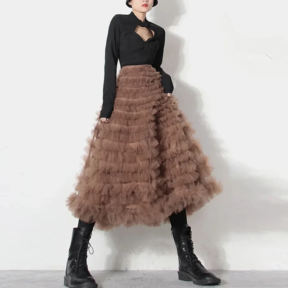 

Brown Tulle Skirt Lush Layered Tulle Skrits Vintage Midi Skrit Summer Skirts Elastic High Waist All-Match Kawaii Long Skirt