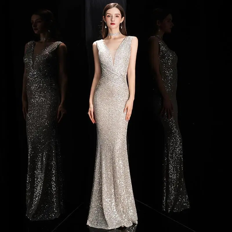 

MNS-Champagne Evening Dress 2024 Spring Banquet Sequins Fishtail Slim Fit Sexy Long Host Annual Meeting Dress Cheap Wholesale