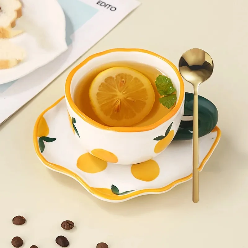 

Coffee Cup Saucer Set High-Value Tulip Ceramic Mug Ins Flower Lemon Juice Afternoon Tea Cup with Plate Cute Girl's Breakfast Cup