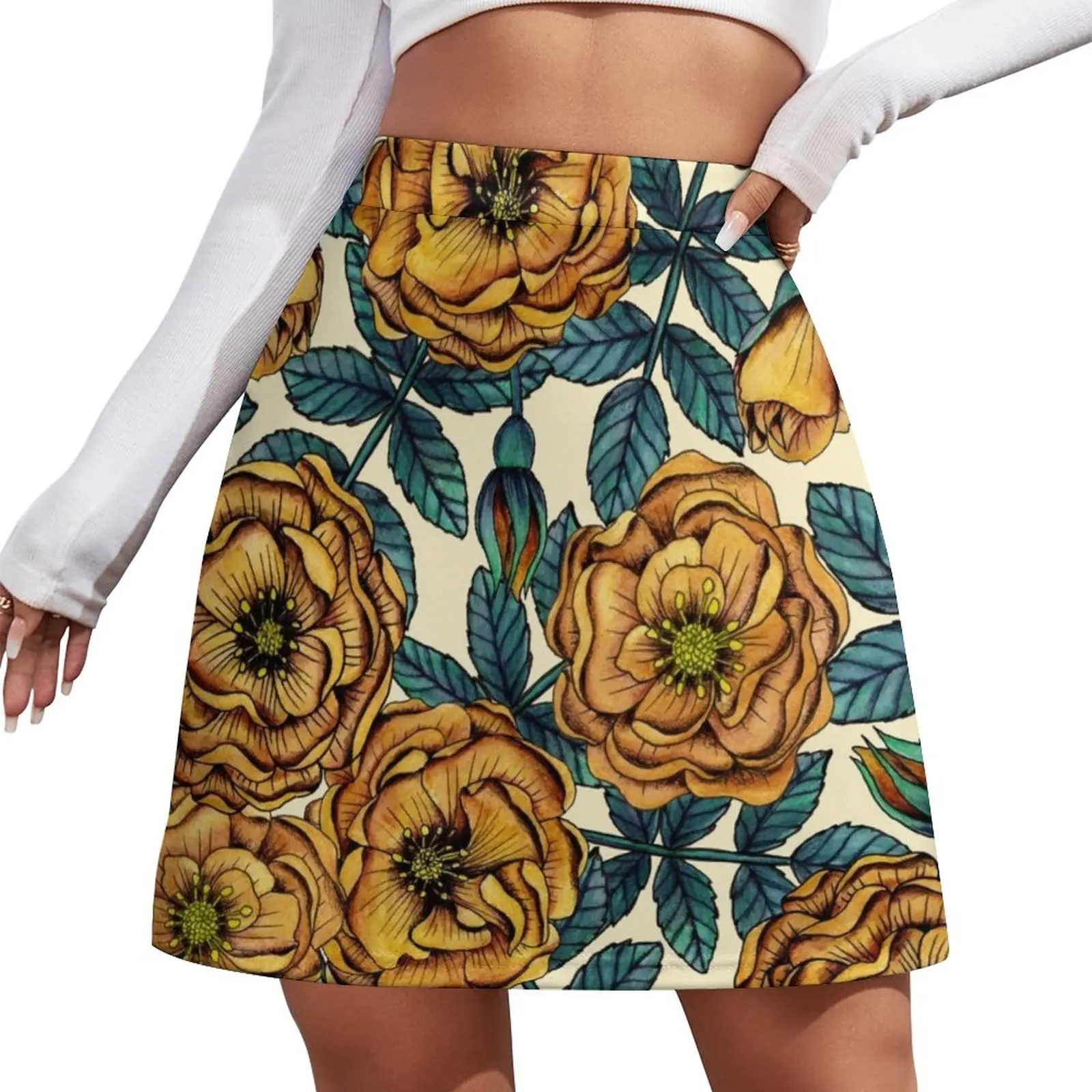 

Golden-Yellow Roses - Vintage-Inspired Floral/Botanical Pattern Mini Skirt women's clothing summer 2024 novelties Woman skirts