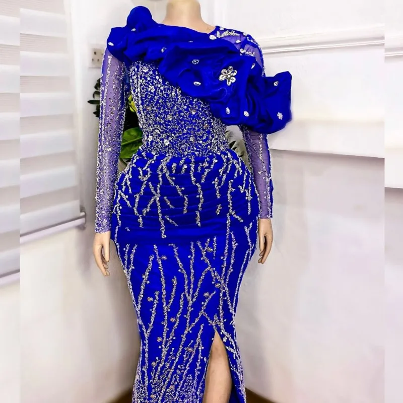 

Женское вечернее платье-русалка, синее платье с длинными рукавами и блестками, расшитое бисером, для выпускного вечера