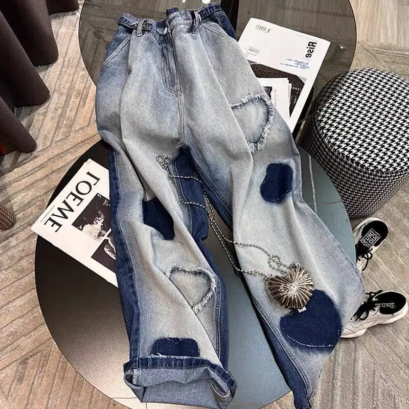 

Women's 2024 Spring Autumn New Korean Commuter Loose High-waisted Button Distressed Pockets Spliced Tassel Casual Straight Jeans