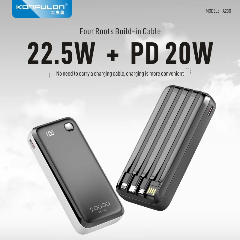 

KONFULON 22.5W Fast Charge 20000mAh Build in 4*Cable Portable Power Bank Outdoor Spare Auxiliary Battery For Iphone Xiaomi