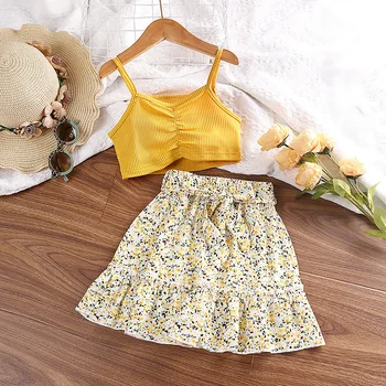 신제품 여름 아동복 세트 민소매 꽃무늬 새시 노란색 2 피스 세트 4-7T, 디자이너 여아용 의류 세트 2023