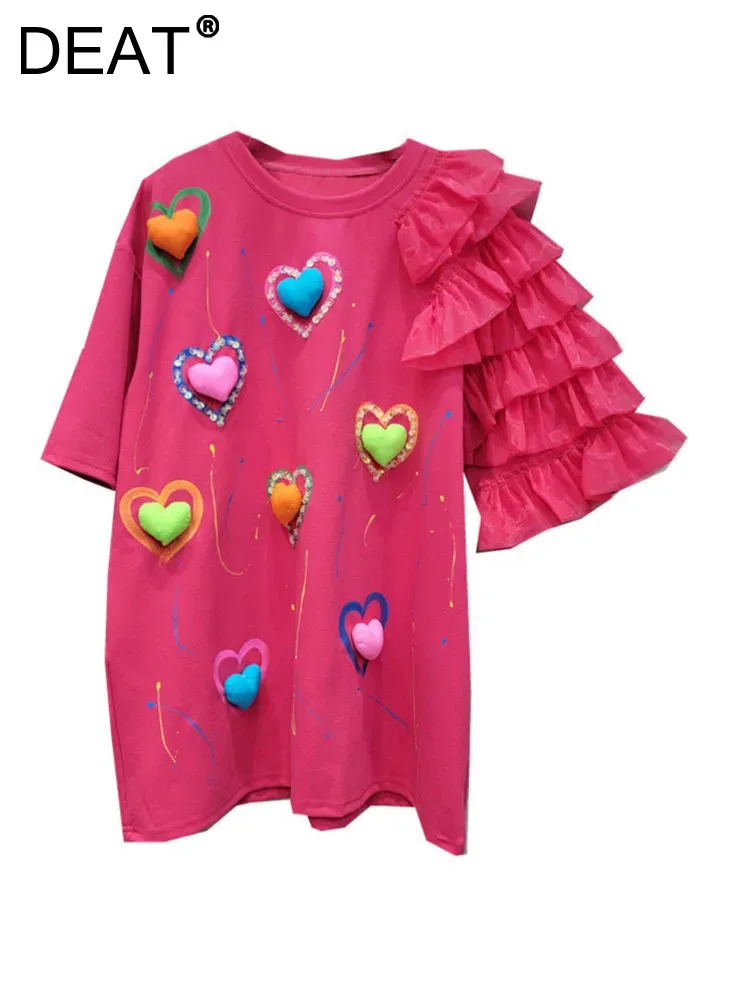 

DEAT Women's T-shirt 3D Hearts Spliced Mesh Ruffle Short Sleeves Sequins Line Graffiti Tops 2024 Summer New Fashion 33A1243