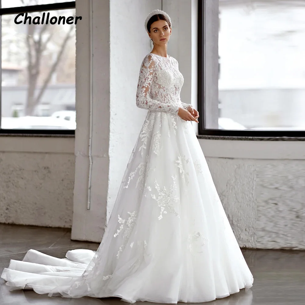 

Challoner Elegant O-Neck Wedding Dress Appliques Long Sleeves Button Back Bridal Gown Illusion Floor Length Vestidos De Novia