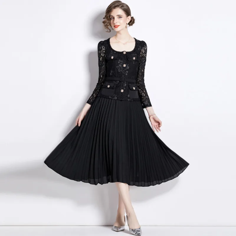 #2320 Black False Two Piece A-line Dress Lace Spliced Pleated Dress Belt High Waisted Midi Dress Ladies Vintage Office Elegant
#2320 Black False Two Piece A-line Dress Lace Spliced Pleated Dress Belt High Waisted Midi Dress Ladies Vintage Office Elegant
