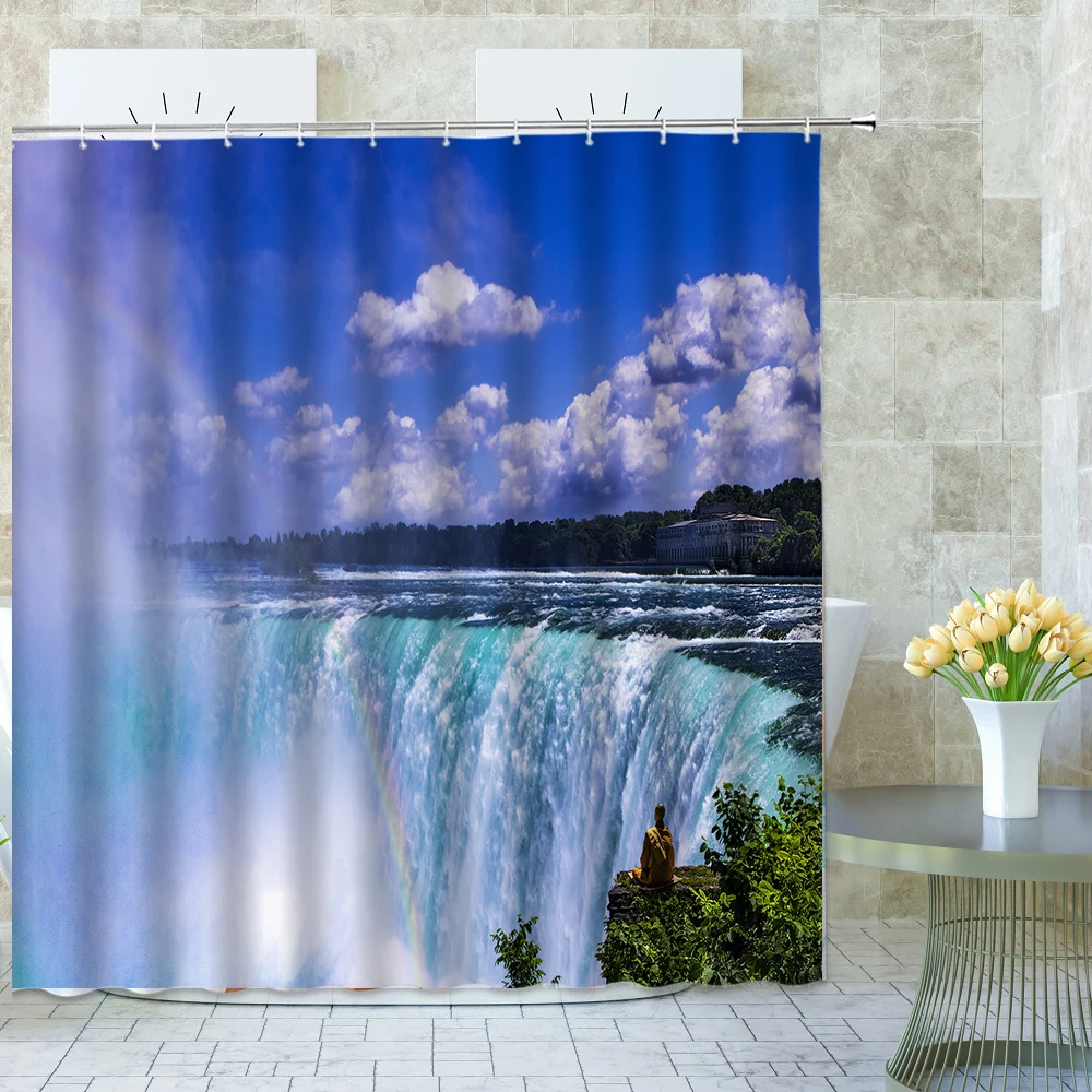 

Beauty Mountain Rocks Waterfall Shower Curtain Exotic Natural Rainforest Landscape Print with Hooks Bath Screen Bathroom Decor