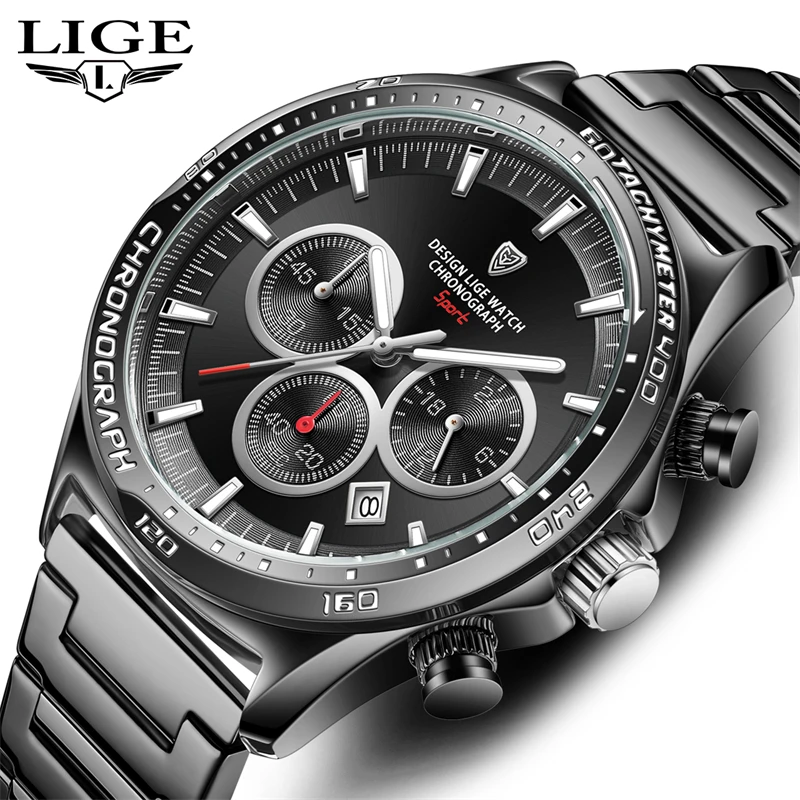 

LIGE Watch for Men Top Brand Luxury Big Dial Stainless Steel Waterproof Chronograph Wristwatches with Date Relogio Masculino+Box