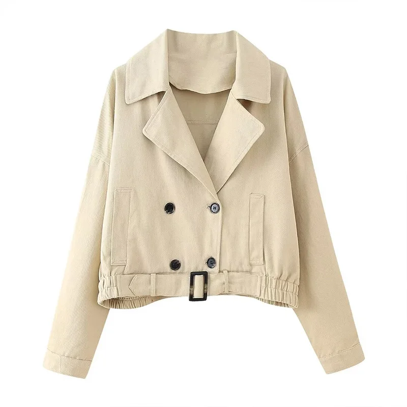 

Summer Women's Double Breasted Trench Coat Jacket 2024 New Casual With Belt Short Jacket Long Sleeve Classic Retro Top